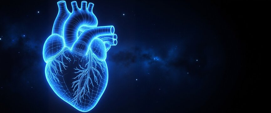 Digital holographic human heart with glowing blue wireframe structure and light effects on dark cosmic background for medical technology concepts