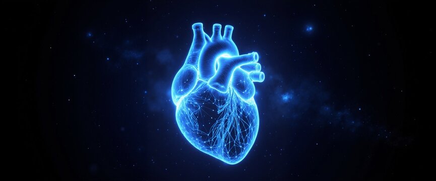 Digital holographic human heart with glowing blue wireframe structure and light effects on dark cosmic background for medical technology concepts
