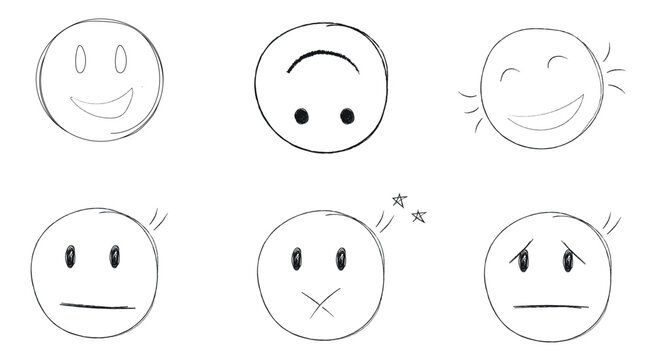 Simple Sketch Faces for Social Media, Feedback Icons, Mental Health Concept Art. Minimalist Line Art Emoticons, Black and White Vector Doodle Faces
