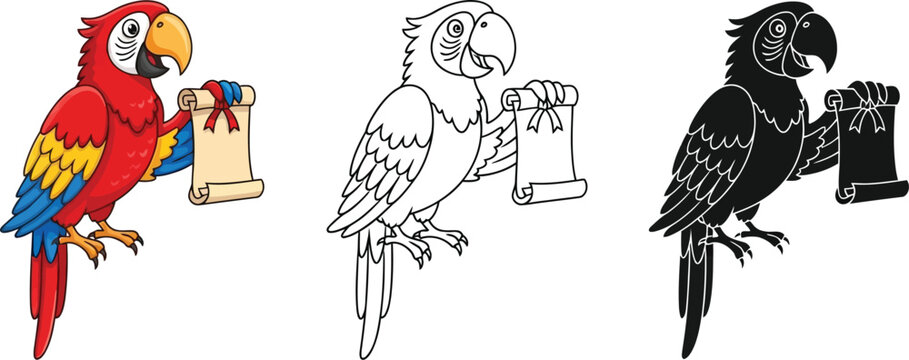 A colorful parrot and its black and white versions holding scrolls