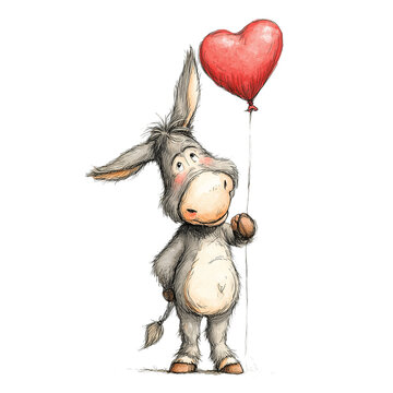 cute baby donkey holding a heart-shaped balloon, clipart on a transparent background. Design element for website, poster, T-shirt. Valentine&rsquo;s day valentines day theme.