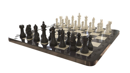 Orthographic chessboard setup with Staunton-style pieces in starting position, viewed from low front angle with labeled coordinates.