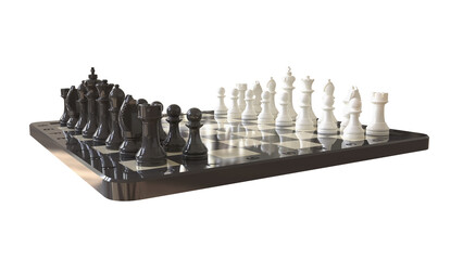 Orthographic chessboard setup with Staunton-style pieces in starting position, viewed from low front angle with labeled coordinates.