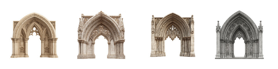 Fototapeta premium Four detailed gothic archways showcase intricate stonework ideal for design projects on transparent background high quality