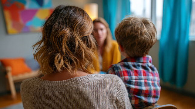 Mother and son during family therapy session with female psychologist in warm cozy interior