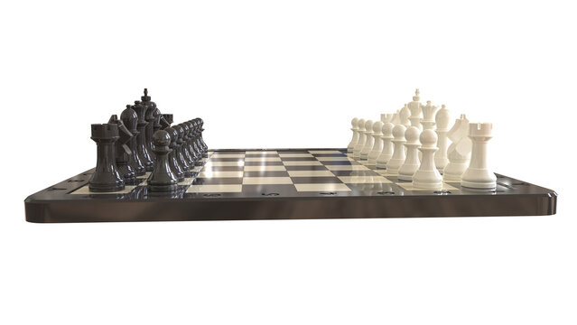 Orthographic chessboard setup with Staunton-style pieces in starting position, viewed from low front angle with labeled coordinates.