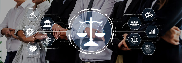 A diverse group of professionals stands together in an office setting, overlaying digital legal scales, symbolizing justice, ethics, and collaboration in modern business practices. Trope