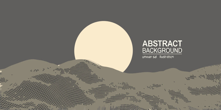 Minimalist landscape with a large moon and textured mountain range