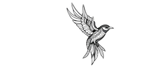 Obraz premium Intricate black ink line drawing of a stylized bird in flight, monochrome, artwork