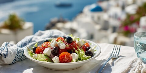 Obraz premium Greek salad with feta, olives and tomatoes on whitewashed table, blue domes and sea visible in background. Classic Mediterranean meal in idyllic Greek island setting.