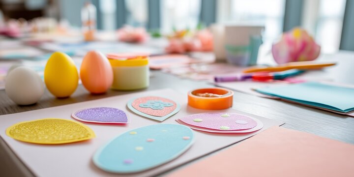Handmade Easter cards, egg cutouts, glitter, ribbons and glue scattered on crafting table in bright workspace. Playful creative spring activity scene with holiday charm and childhood vibes.