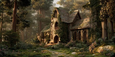 Naklejka premium Fairytale stone and wood cottage nestled in sun-dappled enchanted forest, mossy ground and blooming flowers all around. Whimsical magic and timeless peace captured at golden hour.