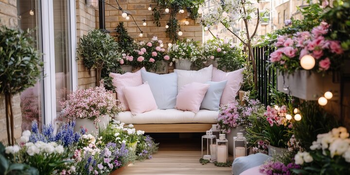 Flower-filled balcony garden with pastel cushions and fairy lights glowing. Urban spring retreat full of bloom, softness and romance.
