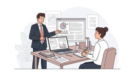 Business meeting with a man and woman in an office setting