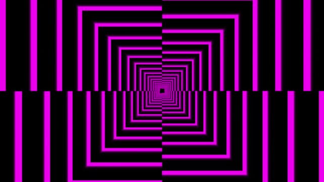 Abstract purple glowing concentric square tunnel pattern on black background motion loop