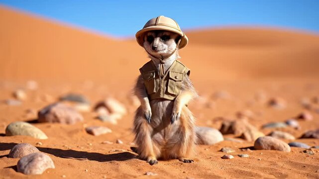 A charming meerkat dressed as an intrepid explorer, complete with a pith helmet and vest, standing in a sun-drenched desert.