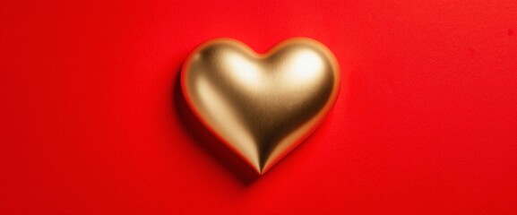 Shiny gold heart displayed against a vibrant red backdrop, ideal for love-themed designs, copy space