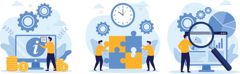 Business Strategy Workflow with Financial Analysis Puzzle Solving and Data Research Professionals Collaborating on Management Solutions for Corporate Success Flat Vector Illustration © Heyy there