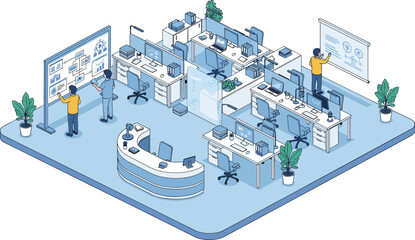Obraz premium Isometric Modern Office Workspace with Business Professional Team Working on Project Planning Digital Strategy Creative Agency Interior Design Flat Vector Illustration