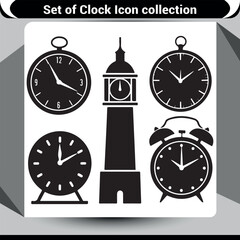 Collection of classic and modern clocks in silhouette, including alarm clocks and pocket watches