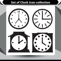 Collection of black silhouette clock icons, displaying different timepieces like alarm and antique clocks