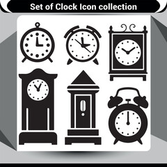 Assortment of black clock and watch icons showcasing vintage and retro designs, rendered in silhouette
