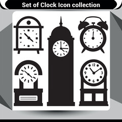Set of black silhouette clock icons, including grandfather clocks and alarm clocks, for time-related themes