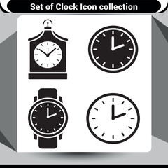 Set of black silhouette icons featuring various clock faces, including alarm and vintage pocket watches
