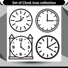 Set of clean black silhouette icons depicting various clock styles, including analog and alarm types