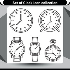 Outline set of clock and watch icons, emphasizing simple design and the concept of time