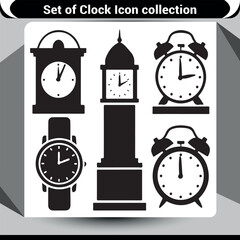 Diverse collection of clock icons in black silhouette, representing different eras and timekeeping devices