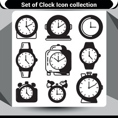 Set of varied black silhouette clock icons, including alarm clocks and wristwatches, for time concepts