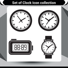 Set of black silhouette icons showing analog clocks and a digital watch for timekeeping concepts