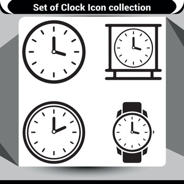 Collection of black silhouette icons depicting analog watches and clocks for various design needs