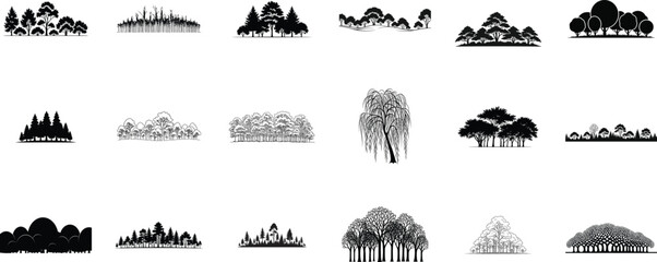 Collection of various black silhouette icons isolated on transparent background