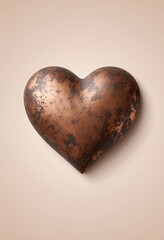 Metallic copper heart with weathered patina texture isolated on neutral background for romantic design projects and Valentine decorations