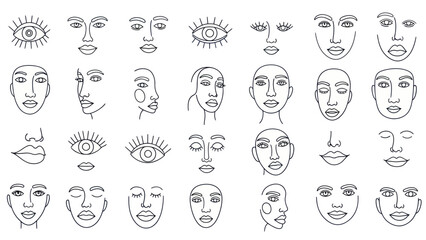 Fototapeta premium Abstract Line Art Faces & Eyes Collection - Minimalist Hand Drawn Portraits