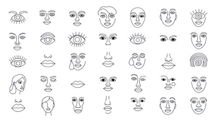 Obraz premium Abstract Line Art Faces and Eyes Collection, Minimalist Outline Drawing, Beauty and Expression
