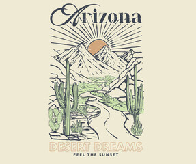 Feel the sunset. Western desert print design for t shirt. Arizona desert vibes vector artwork design. © riaz