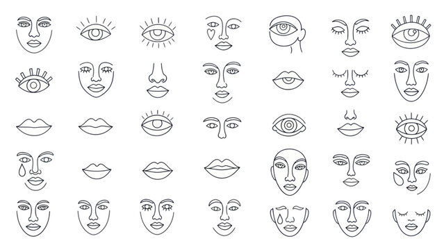 Abstract Line Art Faces and Eyes Collection, Minimalist Outline Portrait Set