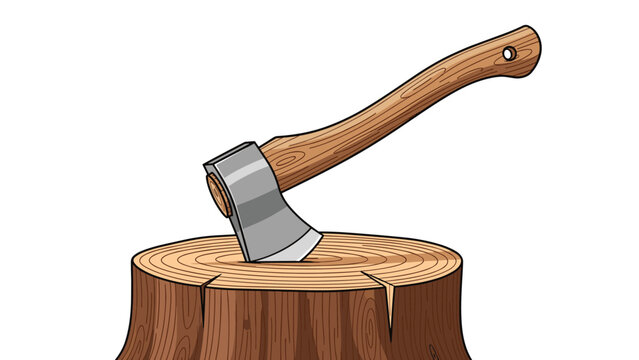 Sharp metal axe with a wooden handle embedded in a large tree stump shown in a colorful vector illustration on white background.