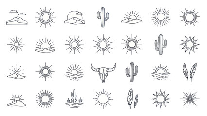 Bohemian Desert Sun Cactus Skull Feather Line Art Icons Set
