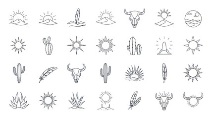 Boho Desert Icons: Sun, Cactus, Buffalo Skull, Feathers, Waves