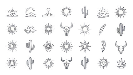 Boho Desert Icons: Sun, Cactus, Bull Skull, Feather, Mountain Line Art