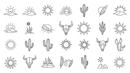 Fototapeta premium Boho Desert Icons: Sun, Cactus, Bull Skull, Mountains, Feathers - Line Art Collection