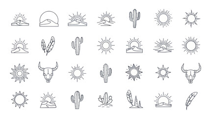 Boho Desert Icons: Sun, Cactus, Skull, Feathers - Line Art Collection
