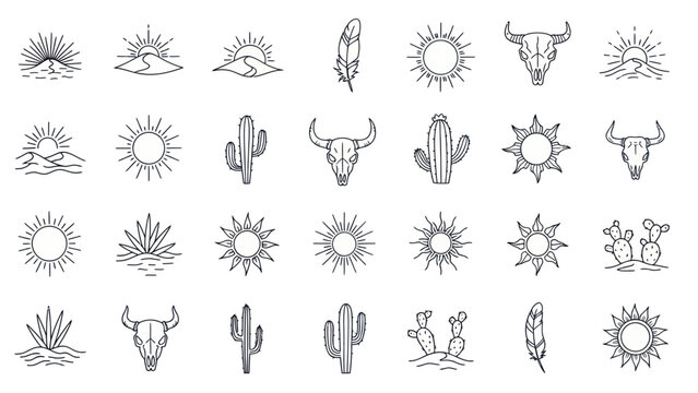 Boho Desert Icons: Sun, Cactus, Buffalo Skull, Feather, Mountain Outline Art