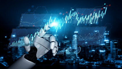 A robotic hand interacts with vibrant data screens showcasing financial graphs and metrics,...