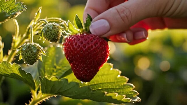 Hand Picking Ripe Red Strawberry from Green Leaves with Dew Drops in Garden Field ripe strawberry hand picking strawberry