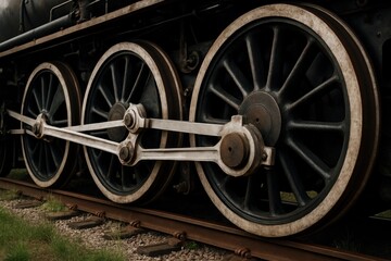 Steam train wheels in motion vintage train station industrial environment view nostalgic concept
